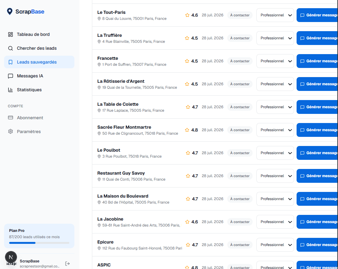 ScrapBase saved leads: business names, addresses, ratings and one-click AI message generation