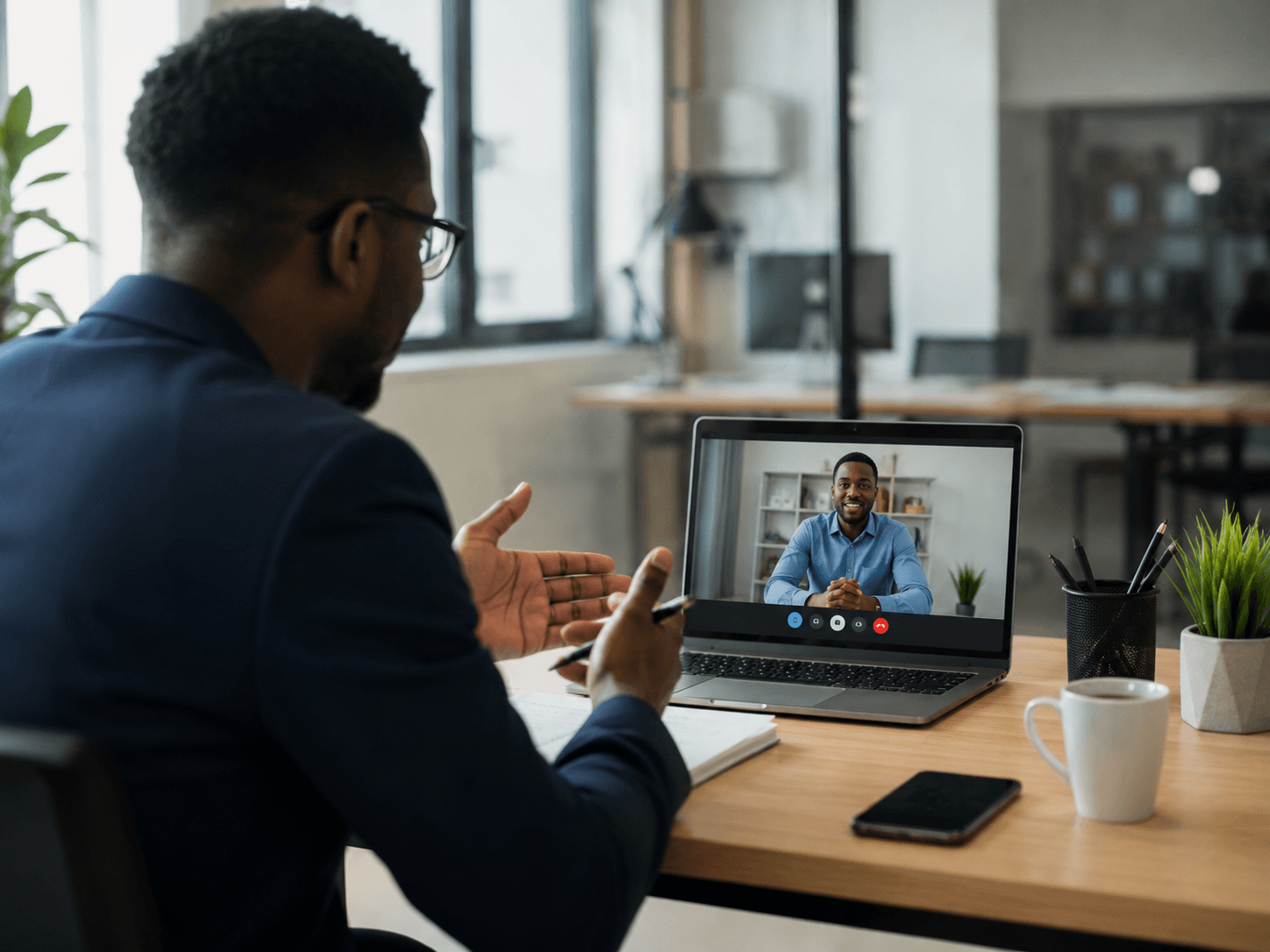 Un consultant en visioconférence avec un client depuis son bureau